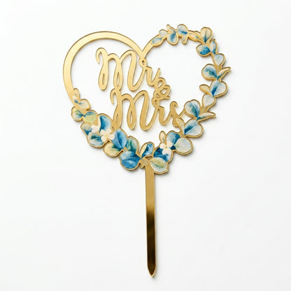 Acrylic and wood cake topper heart-shaped botanical greenery wreath Mr and Mrs 11cm width