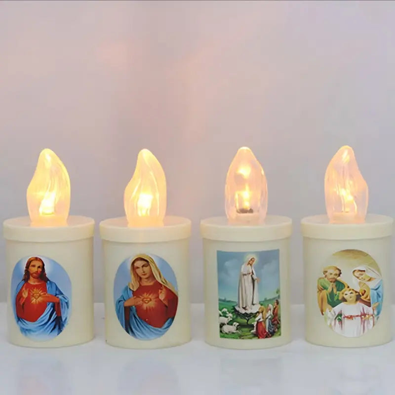 Votive LED candles in cream with devotional images for memorial and prayer displays