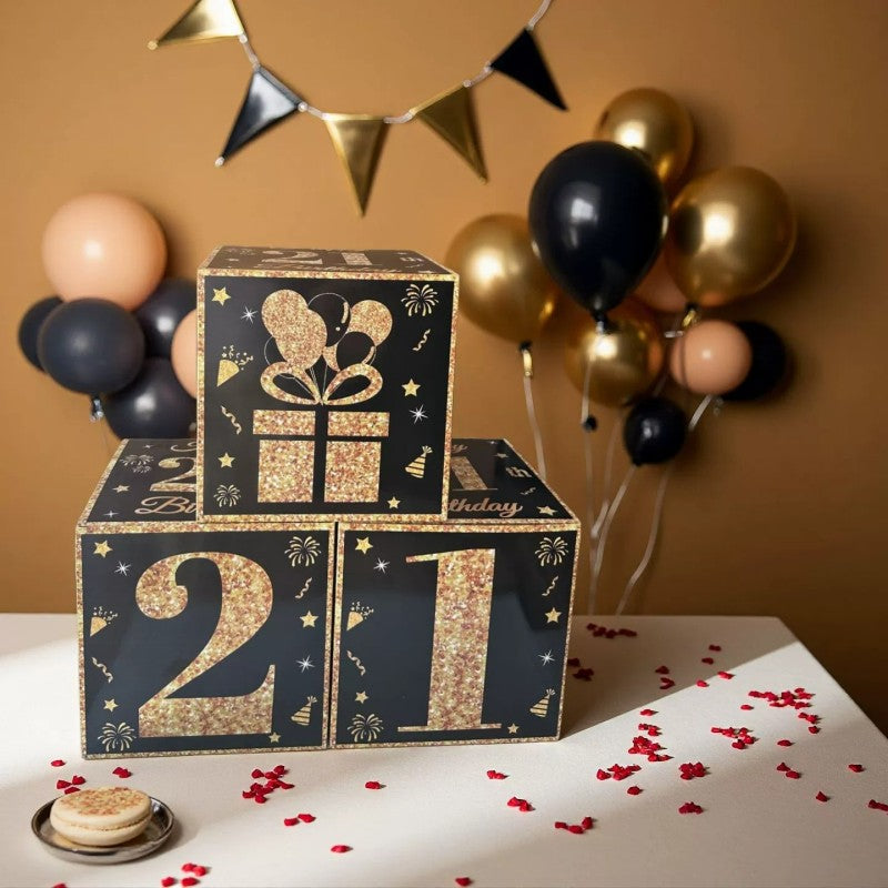 Black & Gold First Birthday Balloon Box – Party Decoration Kit for Celebration