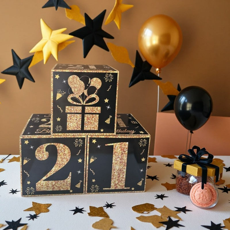 Black & Gold First Birthday Balloon Box – Party Decoration Kit for Celebration