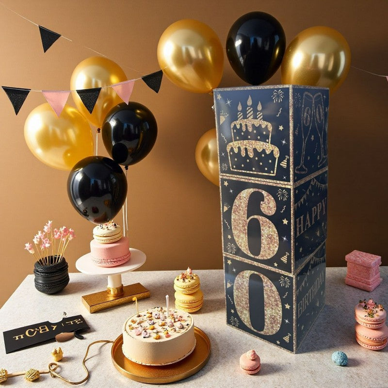 Black & Gold First Birthday Balloon Box – Party Decoration Kit for Celebration