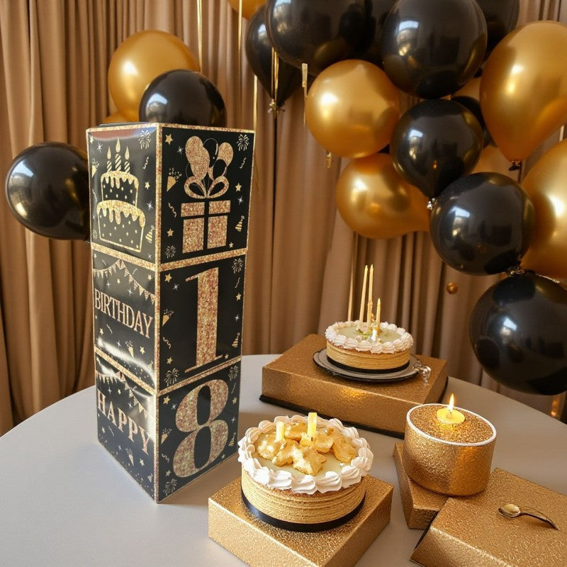 Black & Gold First Birthday Balloon Box – Party Decoration Kit for Celebration