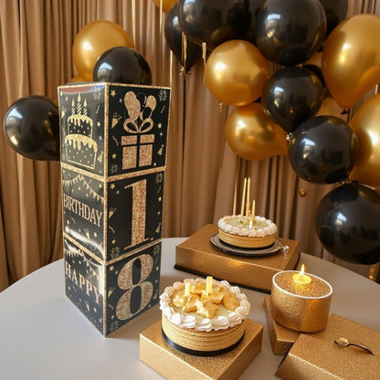 Black & Gold First Birthday Balloon Box – Party Decoration Kit for Celebration