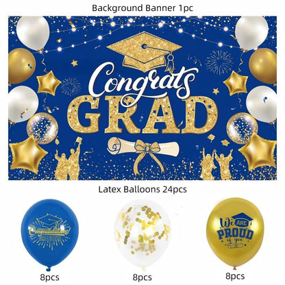Blue & Gold Graduation Party Decoration Set | Backdrop, Balloons, Banner & Cake Topper