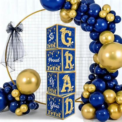 Blue & Gold Graduation Party Decoration Set | Backdrop, Balloons, Banner & Cake Topper