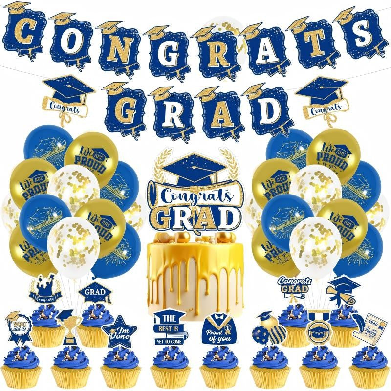 Blue & Gold Graduation Party Decoration Set | Backdrop, Balloons, Banner & Cake Topper