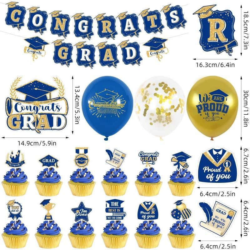 Blue & Gold Graduation Party Decoration Set | Backdrop, Balloons, Banner & Cake Topper