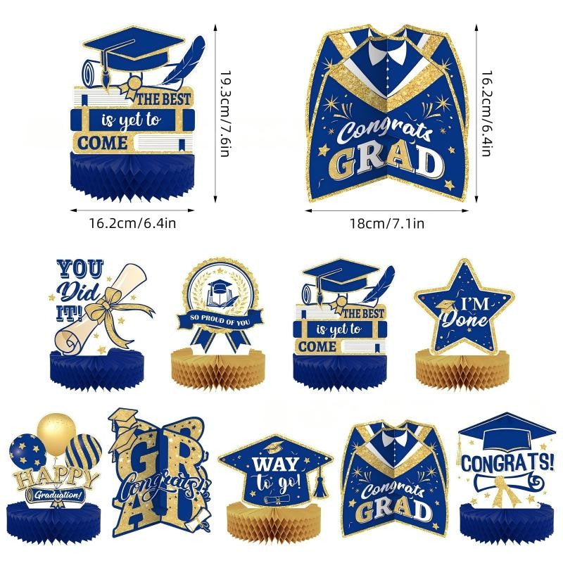 Blue & Gold Graduation Party Decoration Set | Backdrop, Balloons, Banner & Cake Topper