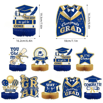 Blue & Gold Graduation Party Decoration Set | Backdrop, Balloons, Banner & Cake Topper