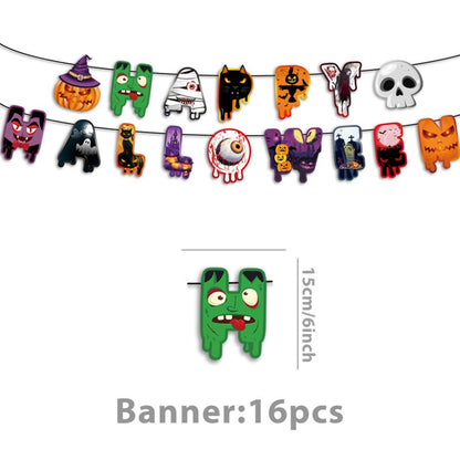 Halloween Horror Party Decoration Supplies – Disposable Dinnerware, Plastic Table Cover & Hanging Banner for Haunted House & Themed Event