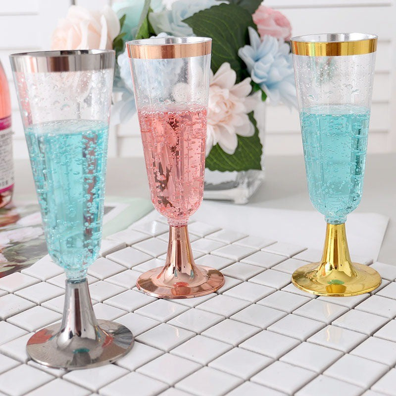 Disposable Plastic Champagne Glass- Gold/Silver/Rose Gold Rim-150ml & 180ml- Party Supplies – Perfect for Weddings, New Year‘s Eve & Bridal Showers (30 packs)