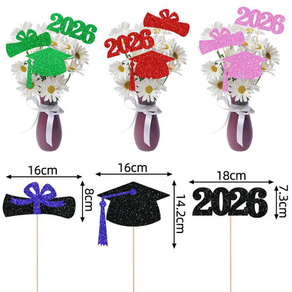 2026 Graduation Vase Picks | Glitter Cardstock Party Decorations | 6pcs per Pack