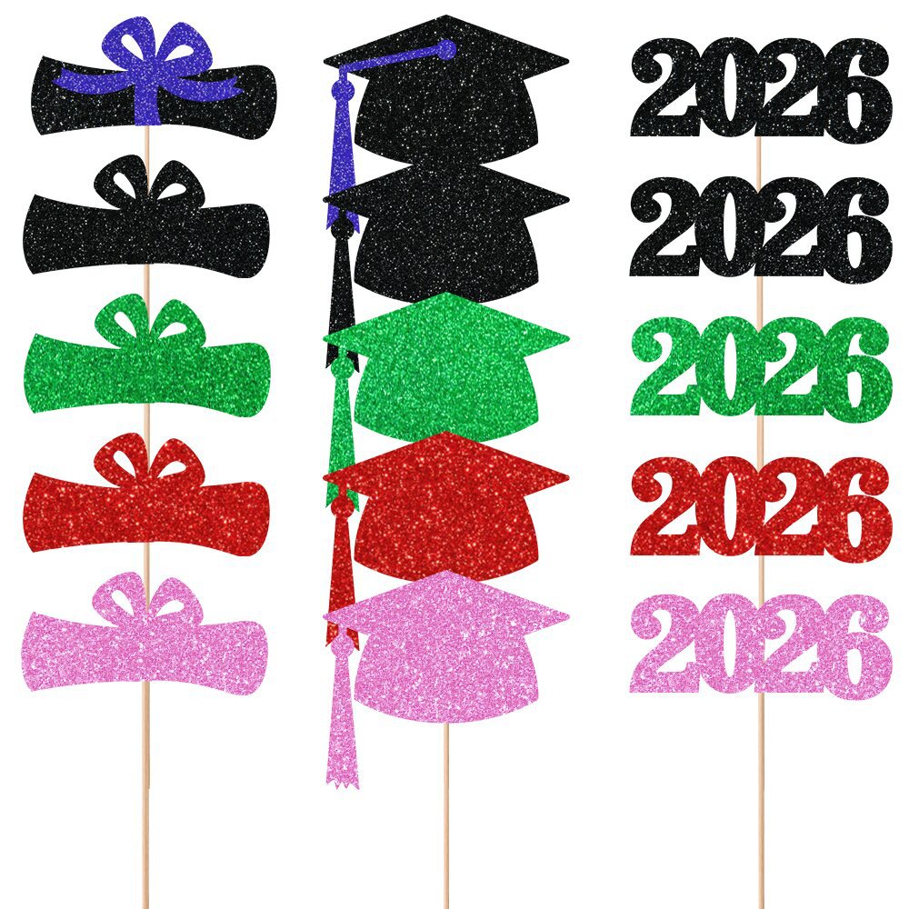 2026 Graduation Vase Picks | Glitter Cardstock Party Decorations | 6pcs per Pack