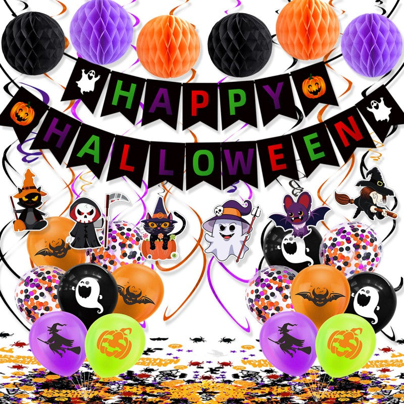 All-in-One Halloween Ghost Theme Party Set – Hanging Swag, Latex Balloons, Paper Confetti & Honeycomb Orbs for Home, School or Retail Decor