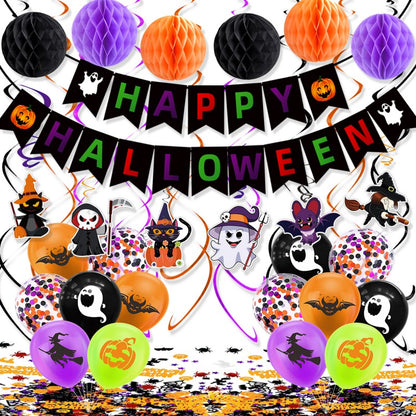 All-in-One Halloween Ghost Theme Party Set – Hanging Swag, Latex Balloons, Paper Confetti & Honeycomb Orbs for Home, School or Retail Decor