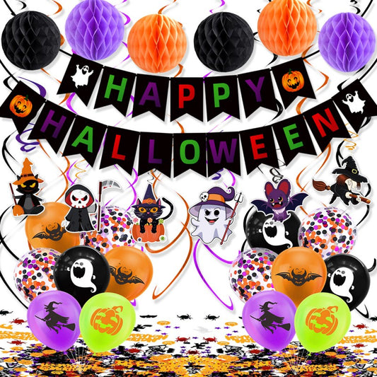 All-in-One Halloween Ghost Theme Party Set – Hanging Swag, Latex Balloons, Paper Confetti & Honeycomb Orbs for Home, School or Retail Decor