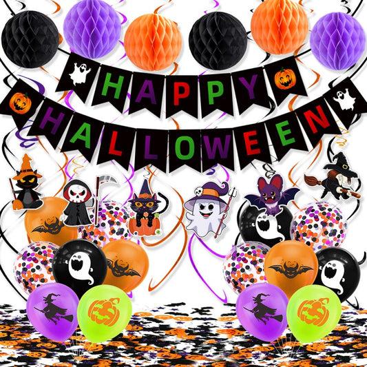 All-in-One Halloween Ghost Theme Party Set – Hanging Swag, Latex Balloons, Paper Confetti & Honeycomb Orbs for Home, School or Retail Decor