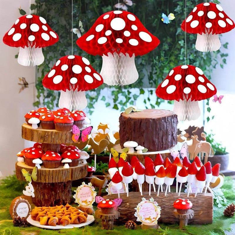 Mushroom Honeycomb Ball Hanging Decor – Paper Tissue Pom Pom for Kids Birthday Party, Baby Shower & Themed Celebration Supplies
