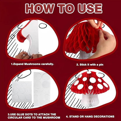 Mushroom Honeycomb Ball Hanging Decor – Paper Tissue Pom Pom for Kids Birthday Party, Baby Shower & Themed Celebration Supplies