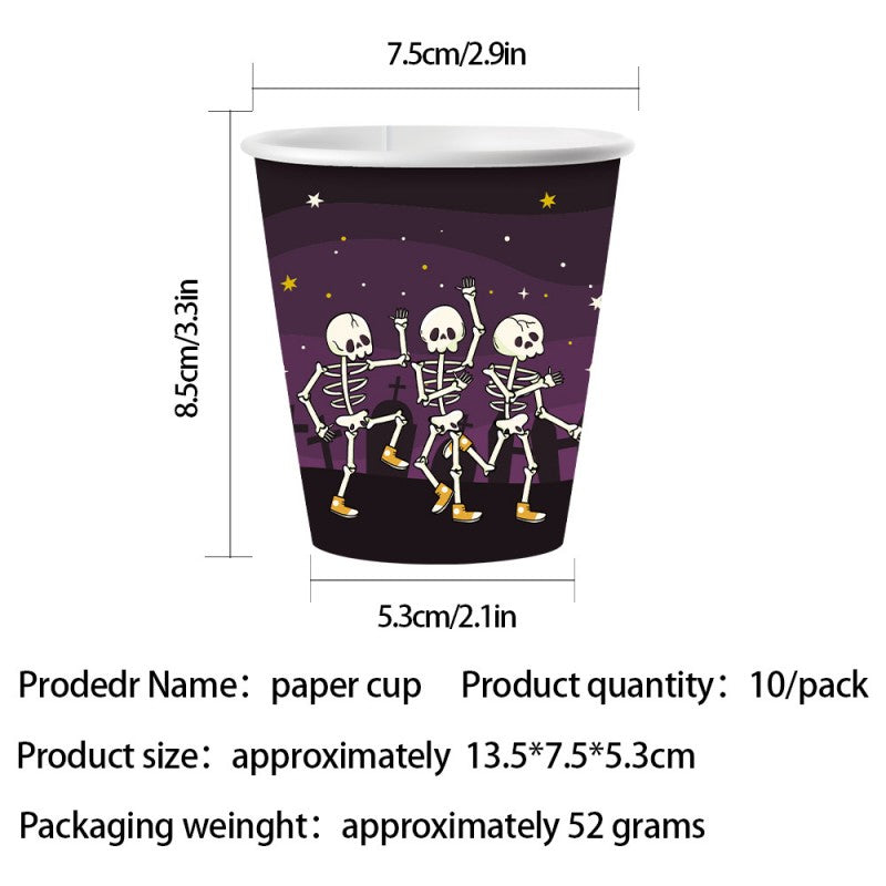 Skull-Themed Halloween Party Kit – Disposable Plates, Bunting & Tablecloth for Creepy Celebrations, Fast Shipping (10-Piece Set, 7″/9″ Plates, Cups, Napkins, Tablecloth, Bunting, Straws, Cutlery)