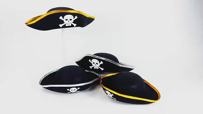 Sombrero de Capitán Pirata y Sombrero de Zorro – Accesorio de Disfraz de Halloween para Adultos y Niños (Redondo Negro / Calavera Plateada/Dorada y Calabaza / Capitán con Encaje / Tallas para Adultos y Niños)