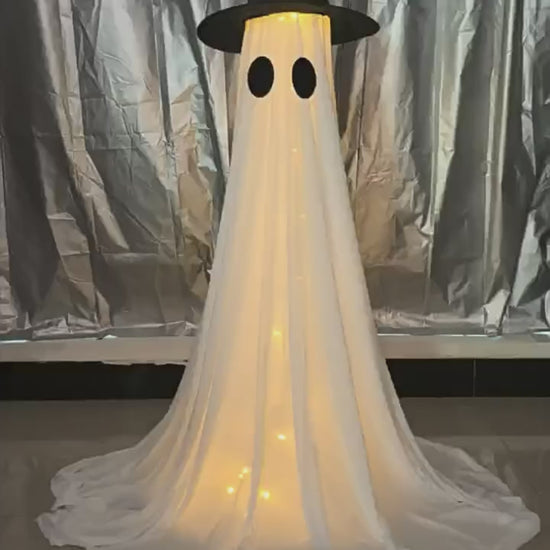 Video showing floor-standing Halloween ghost faces, sizes and base configurations