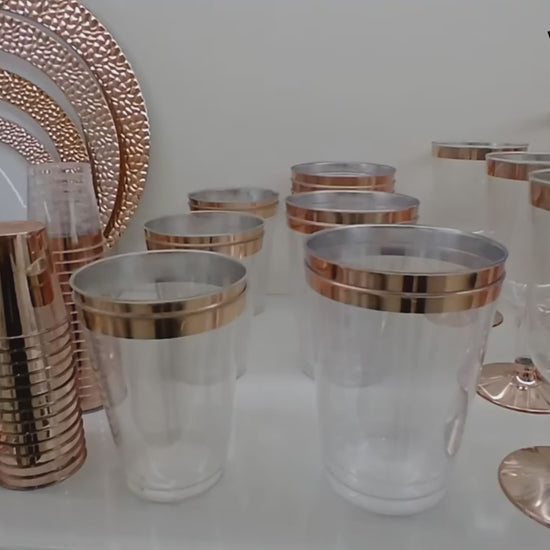 Video showing clear 10 oz plastic cups with metallic rim finishes for drinks and desserts