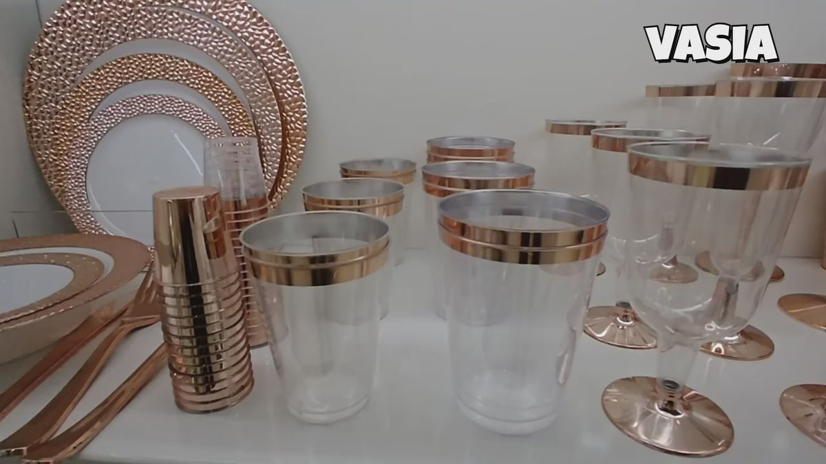 Video showing clear 10 oz plastic cups with metallic rim finishes for drinks and desserts