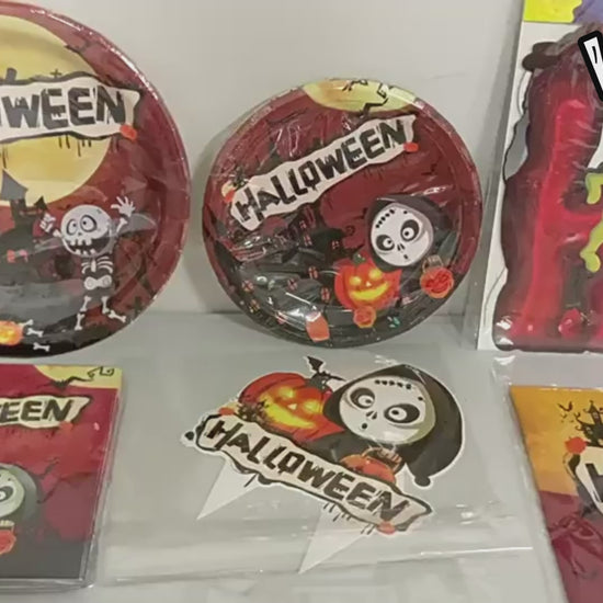 Video showing purple pumpkin Halloween tableware and coordinated set options