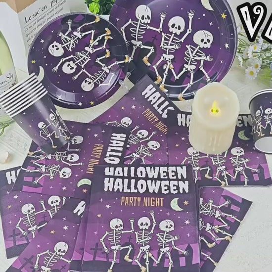 Video showing skull-themed Halloween tableware and decoration options