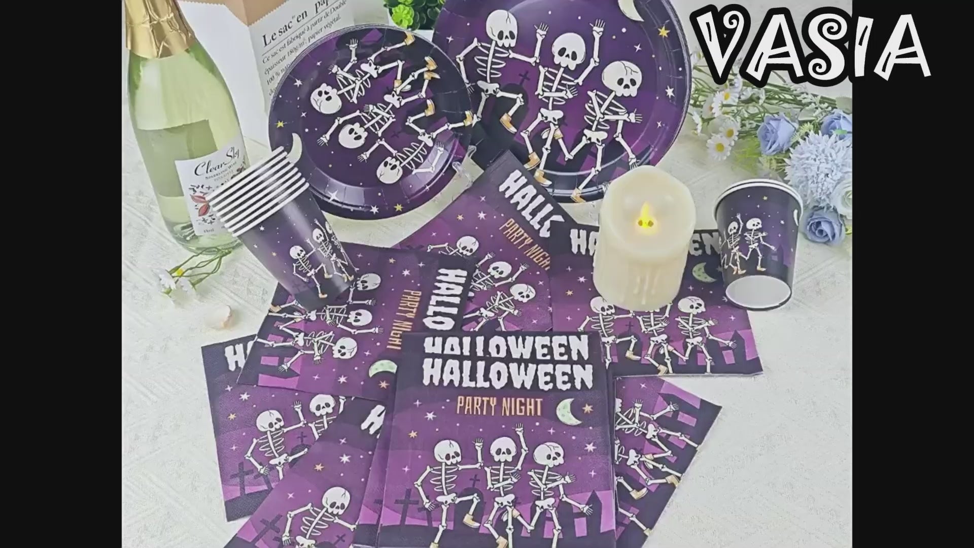 Video showing skull-themed Halloween tableware and decoration options