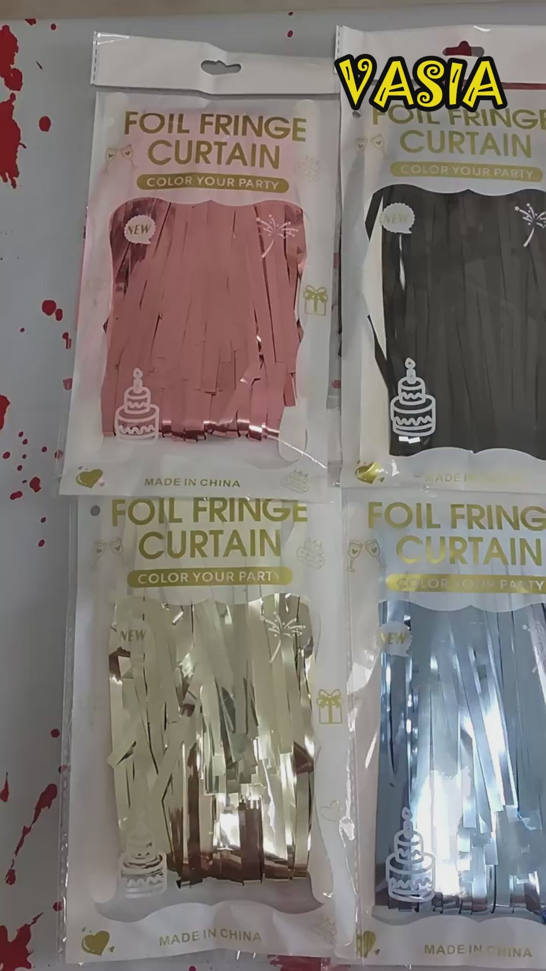 Video showing metallic tinsel fringe curtain colors, sizes and shimmering effect