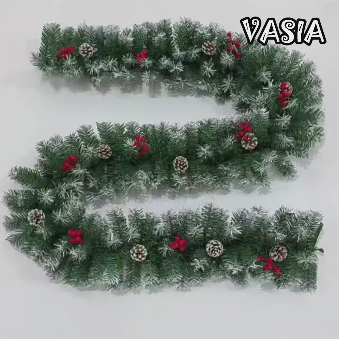Video of Christmas garland with berry, pinecone, and foliage details
