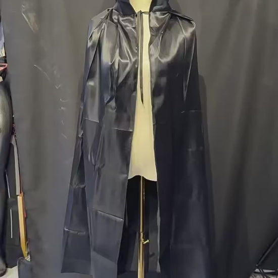 Video showing satin cosplay cape colors, lengths and draped appearance