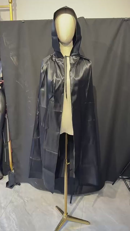 Video showing satin cosplay cape colors, lengths and draped appearance