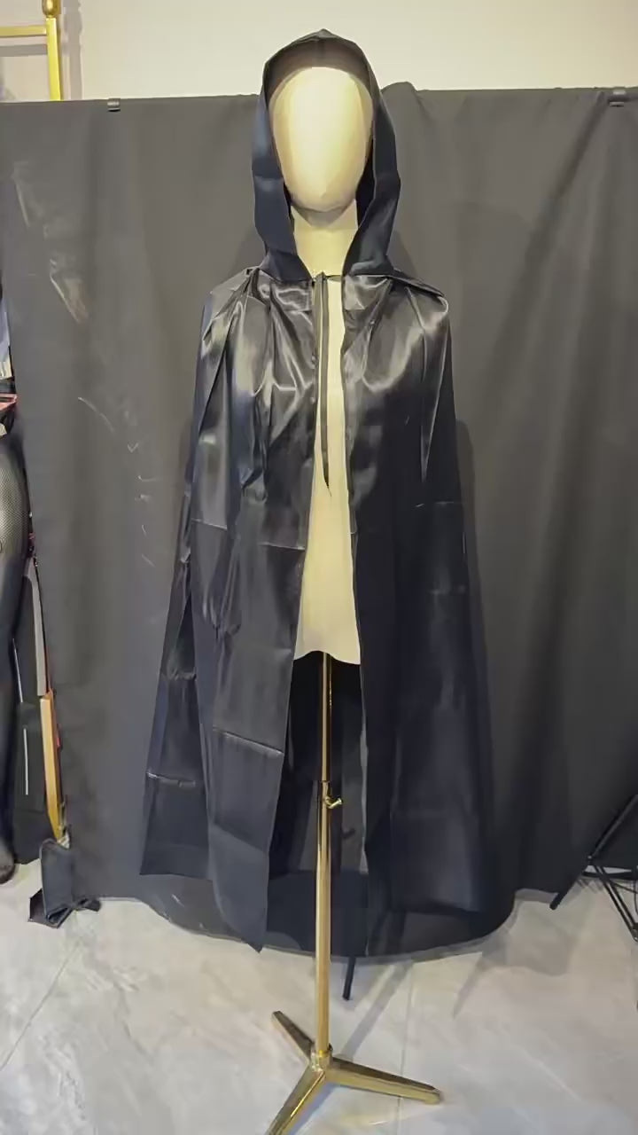 Video showing satin cosplay cape colors, lengths and draped appearance
