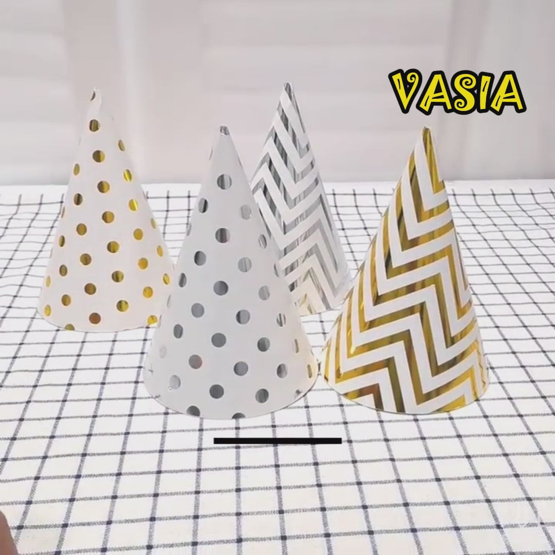 Video showing metallic-finish party hat designs