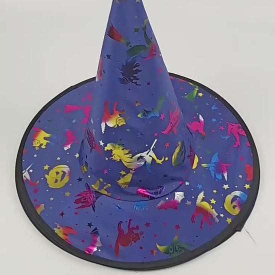 Video showing Halloween witch hat colors, shapes and decorative styles