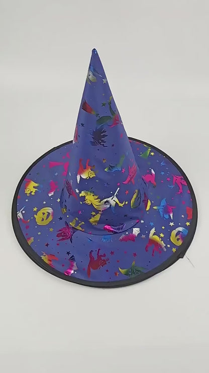 Video showing Halloween witch hat colors, shapes and decorative styles