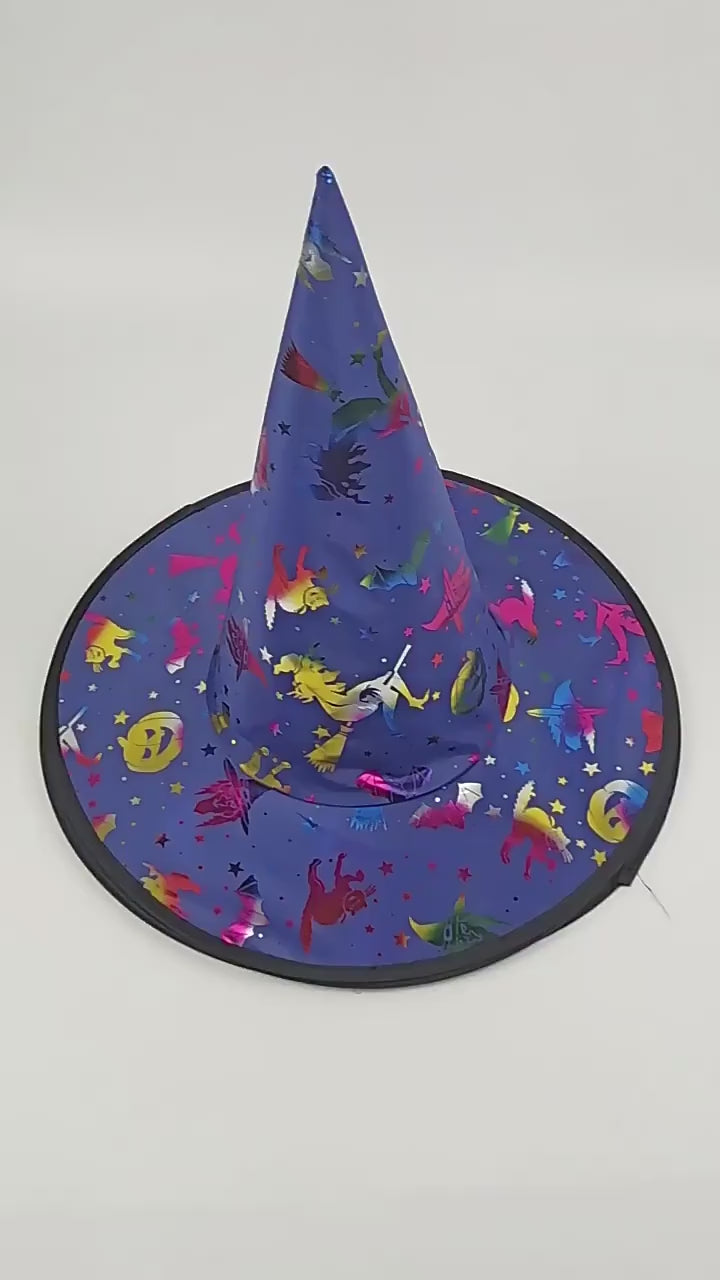 Video showing Halloween witch hat colors, shapes and decorative styles