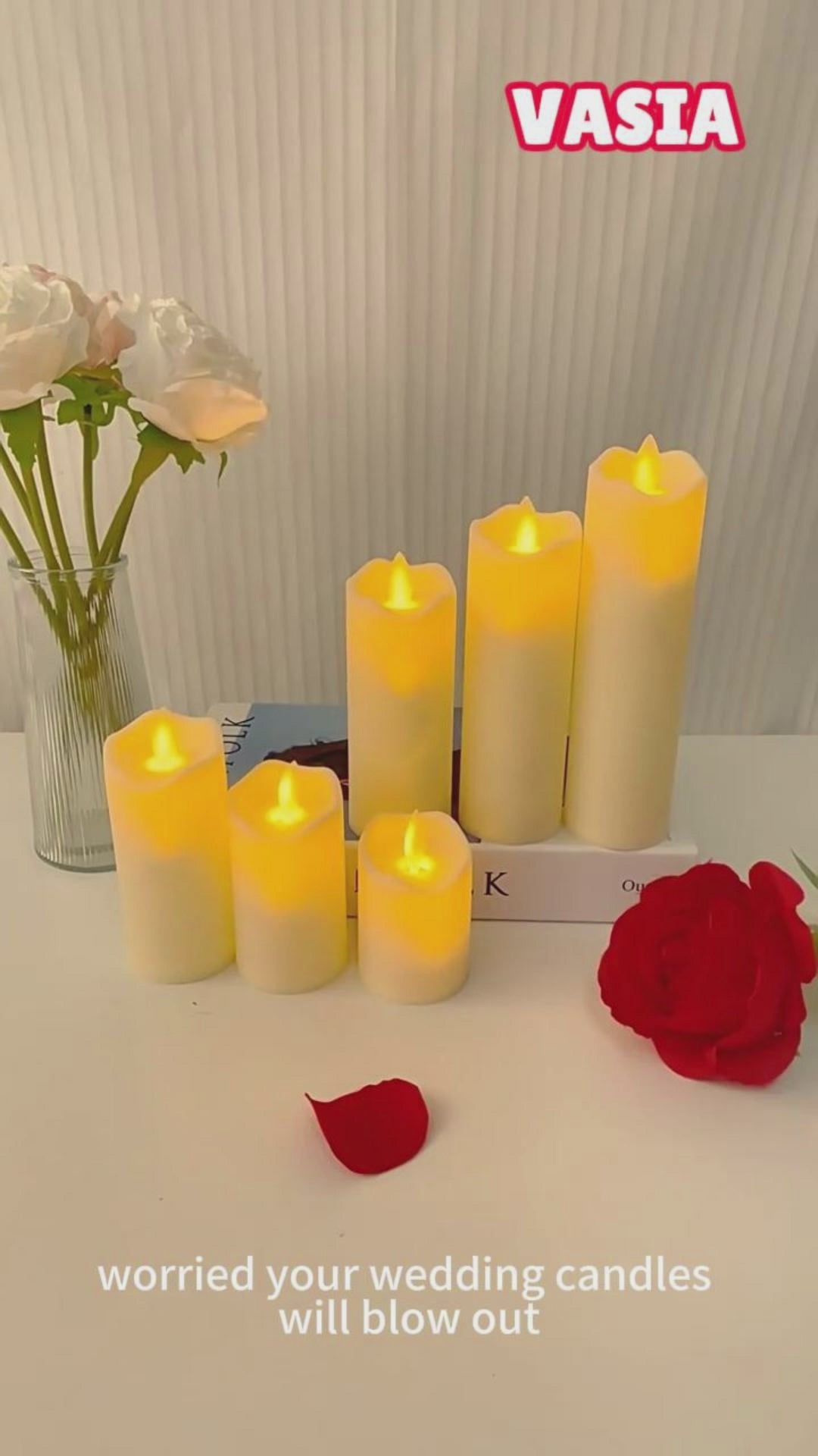 Video showing LED flameless pillar candles with flickering and swaying flame effects