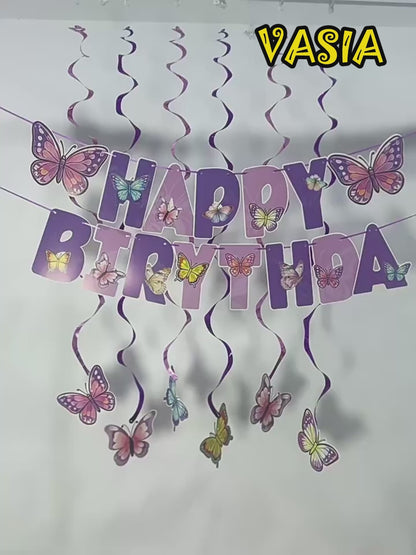 Set de guirnalda de cumpleaños de mariposas y letras – Pancarta temática para fiestas de niñas, guirnalda colgante y kit de decoración para tartas (guirnalda espiral de mariposas 6 pzas + pequeños palillos 12 pzas)
