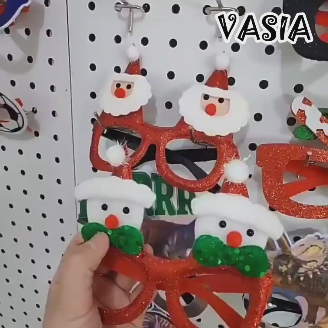 Video showing assorted Christmas and New Year novelty glasses for holiday parties and photo booths