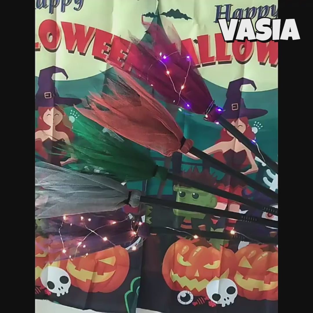 Video showing Halloween witch broom colors and detachable handle assembly