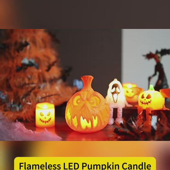 Video showing flameless LED Halloween pumpkin, ghost and character candle designs