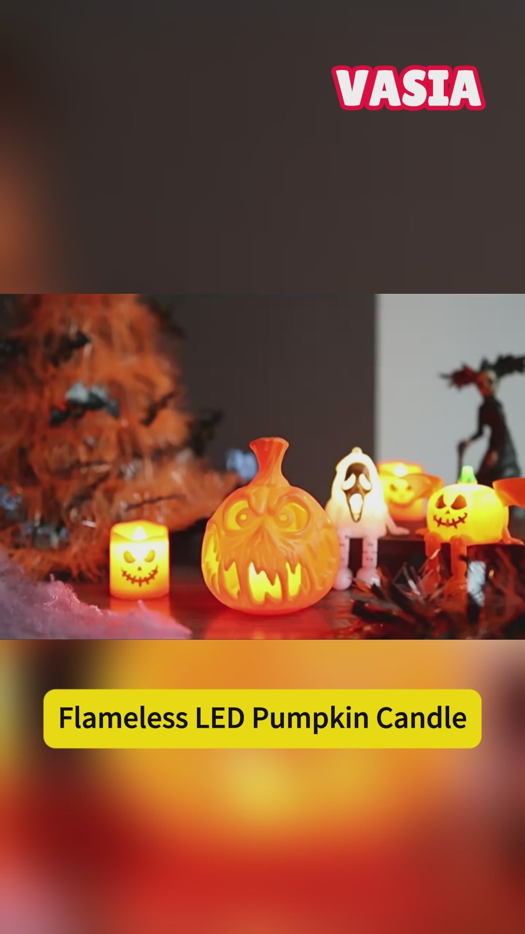 Video showing flameless LED Halloween pumpkin, ghost and character candle designs