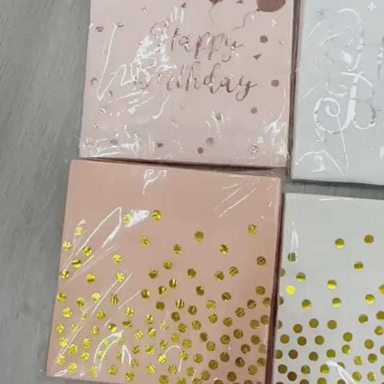 Video showing custom logo printing and foil stamping on square paper napkins