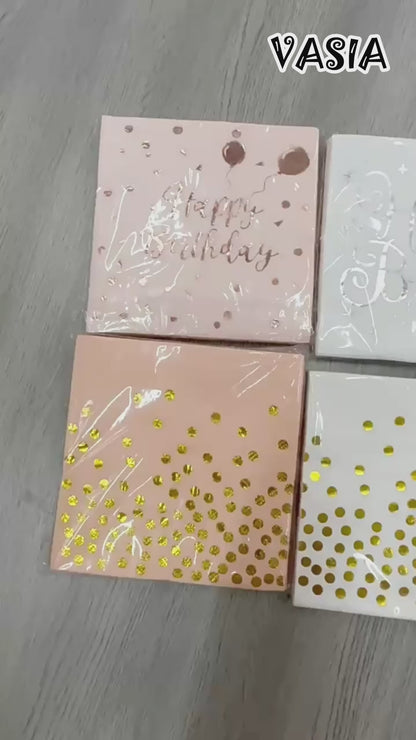 Video showing custom logo printing and foil stamping on square paper napkins
