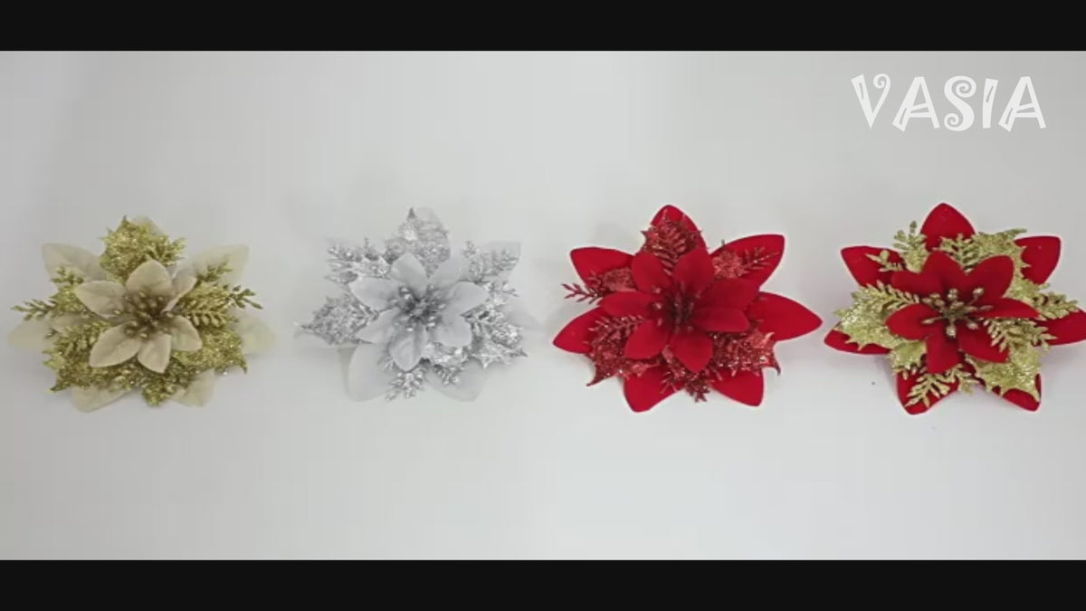 Video showing artificial poinsettia flower heads in holiday colors