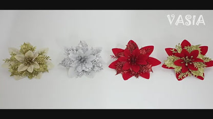 Video showing artificial poinsettia flower heads in holiday colors